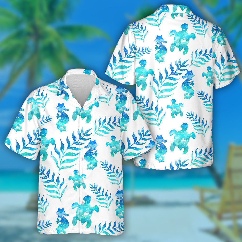 Galaxy Marine Tropical Leaves And Seahorse Hawaiian Shirt,Hawaiian Shirt Gift, Christmas Gift