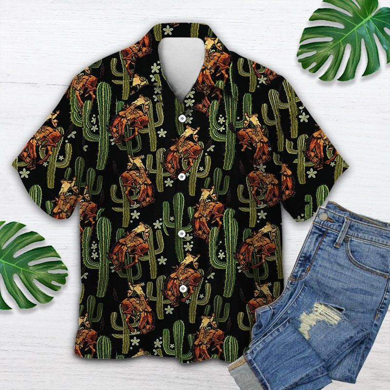 Cactus Cowboy Stíl Seanré Ar Chúlra Dubh Patrún Léine Haváís, Bronntanas Léine Haváís, Bronntanas Nollag