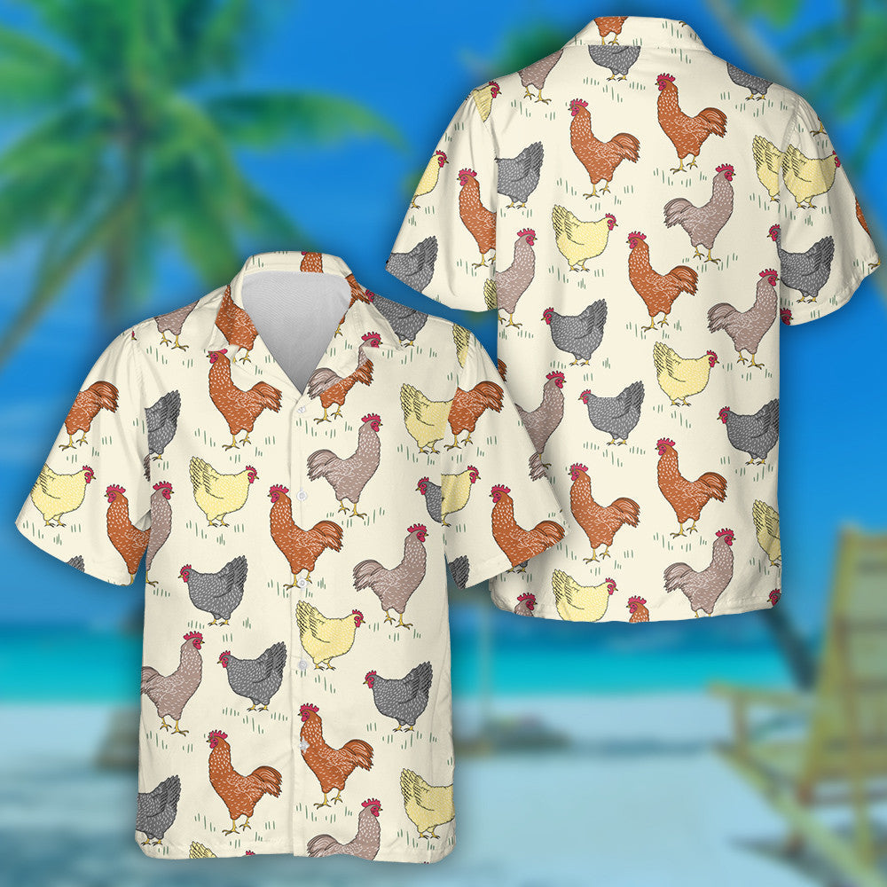 Beautiful Rooster And Chicken Sitting On Grass Hawaiian Shirt, Hawaiian Shirt Gift, Christmas Gift