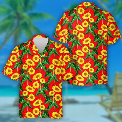 Vivid Sunflower Field On Red Background Ilustration Hawaiian Shirt, Hawaiian Shirt Gift, Christmas Gift