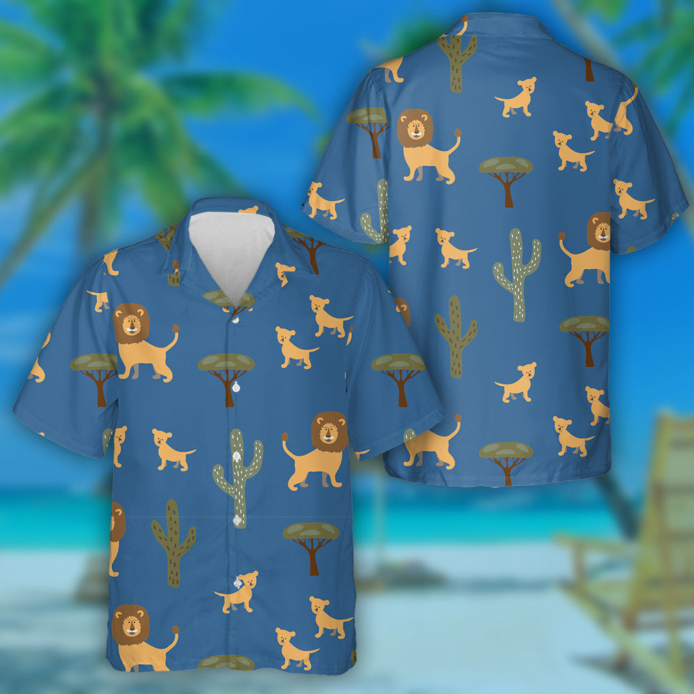 Lions Trees And Cacti On Blue Background Hawaiian Shirt, Hawaiian Shirt Gift, Christmas Gift