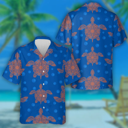 Orange Turtles And Flowers On Blue Background Hawaiian Shirt, Hawaiian Shirt Gift, Christmas Gift