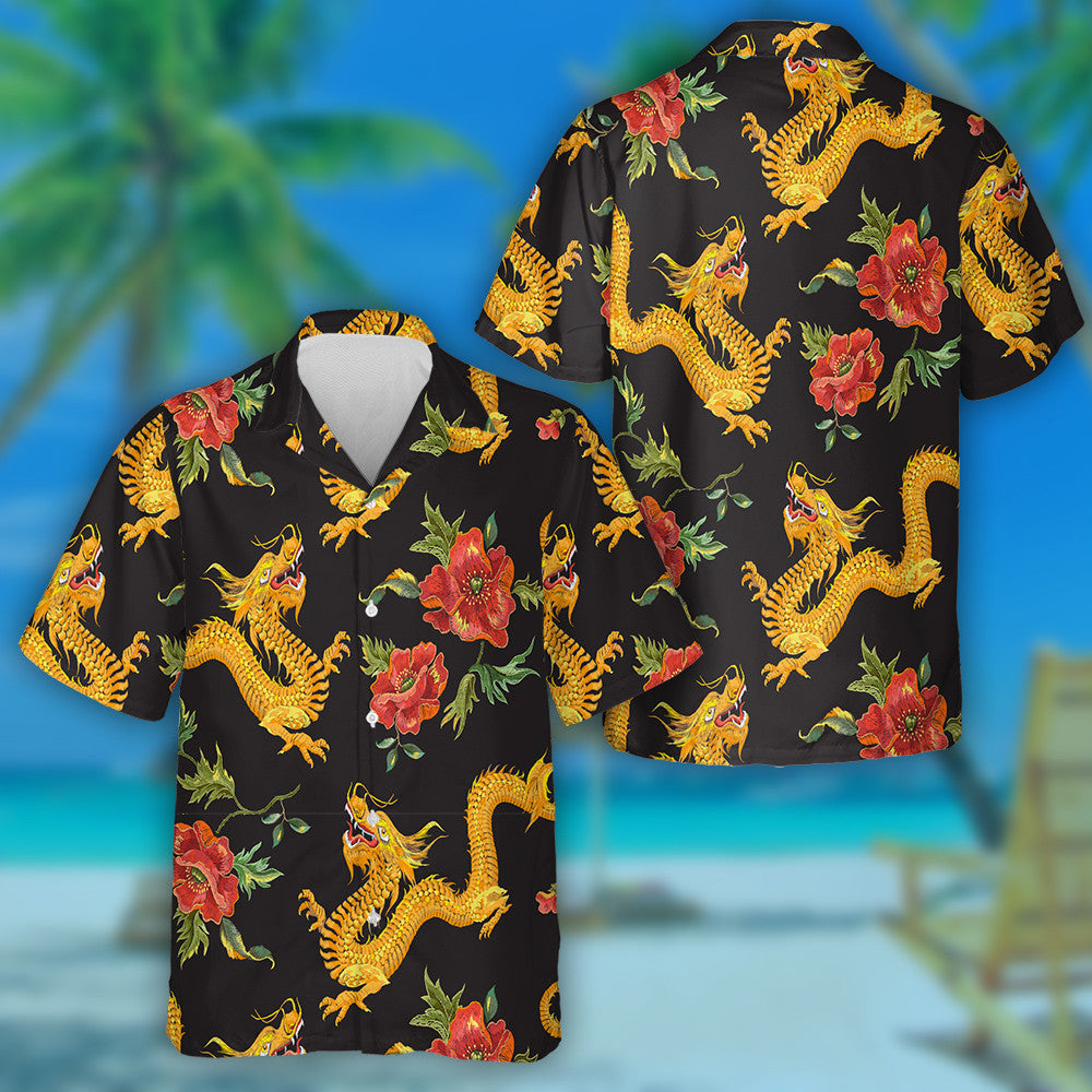 Embroidery With Golden Dragon And Red Poppy Hawaiian Shirt, Hawaiian Shirt Gift, Christmas Gift