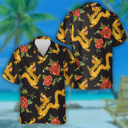 Embroidery With Golden Dragon And Red Poppy Hawaiian Shirt, Hawaiian Shirt Gift, Christmas Gift