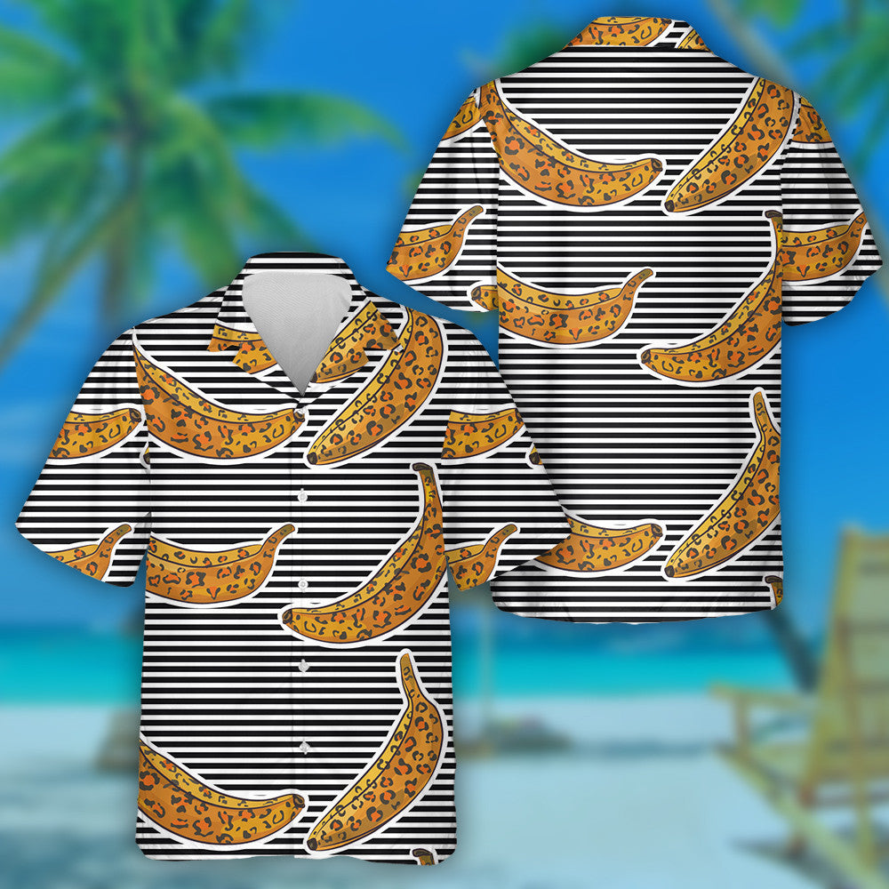 Wild African Leopard With Bananas Striped Background Hawaiian Shirt, Hawaiian Shirt Gift, Christmas Gift