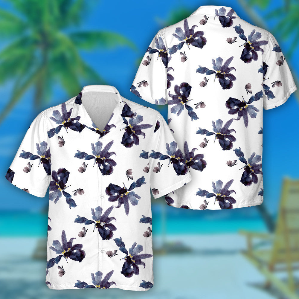 Hand Drawn Iris Flowers And Butterfly Hawaiian Shirt, Hawaiian For Gift