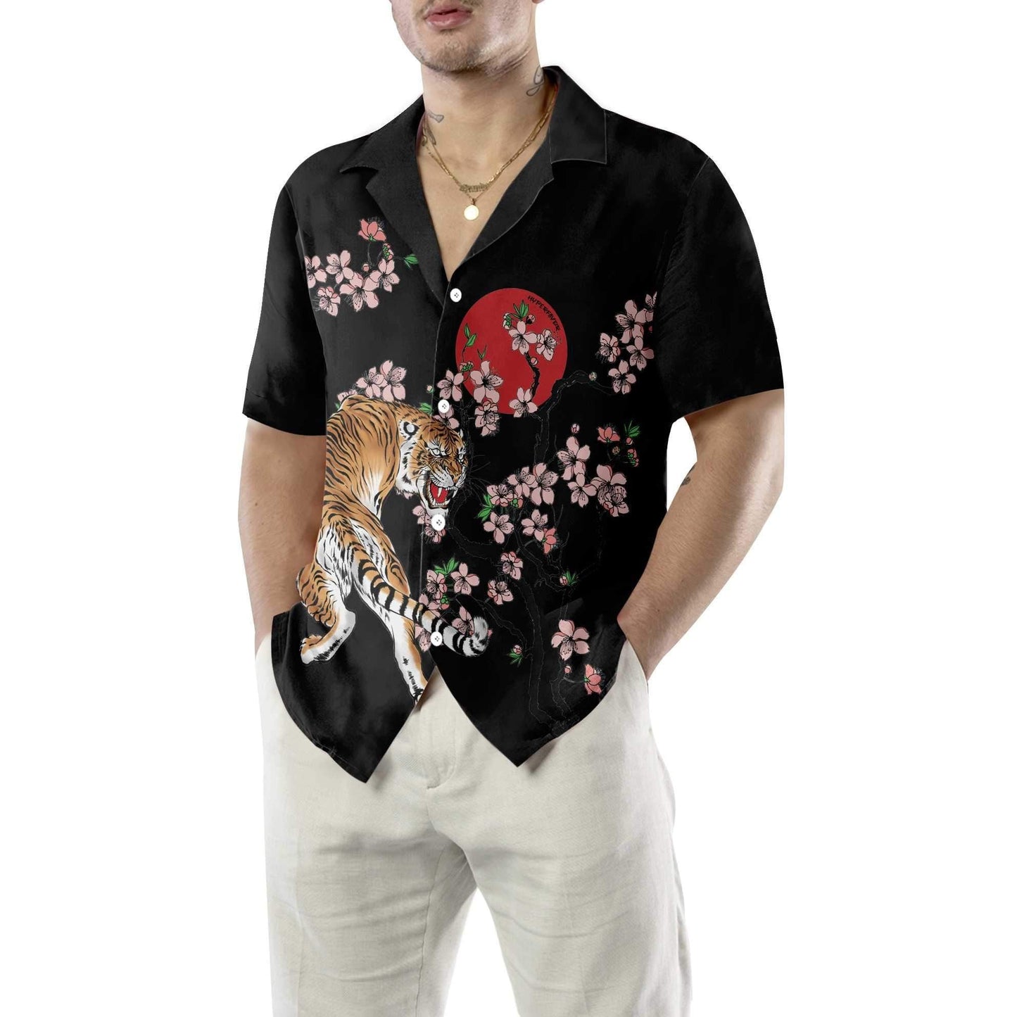 Red Sun Japanese Tiger Sakura Design Hawaiian Shirt,Hawaiian Shirt Gift, Christmas Gift