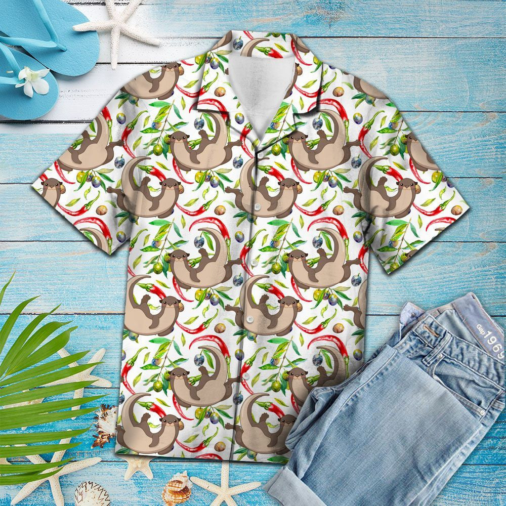Messy Chili Peppers And Otter Pattern Hawaiian Shirt,Hawaiian Shirt Gift, Christmas Gift