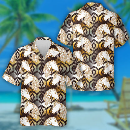 Bohemian With Horses And Ikat Ogee Texture Hawaiian Shirt, Hawaiian Shirt Gift, Christmas Gift
