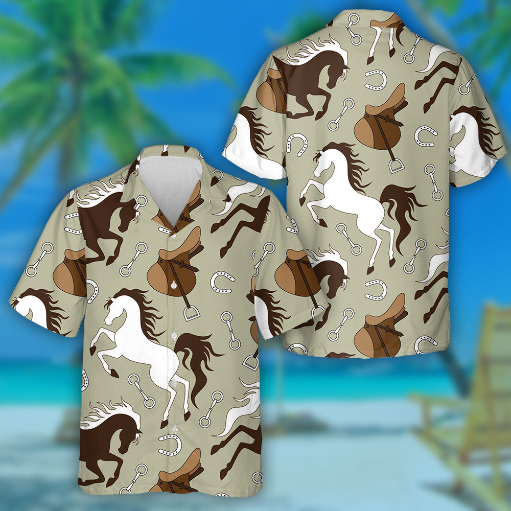 Brown And White Horse Saddle And Horseshoe Hawaiian Shirt, Hawaiian Shirt Gift, Christmas Gift
