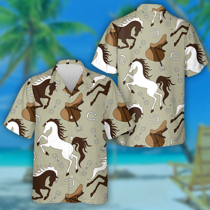 Brown And White Horse Saddle And Horseshoe Hawaiian Shirt, Hawaiian Shirt Gift, Christmas Gift
