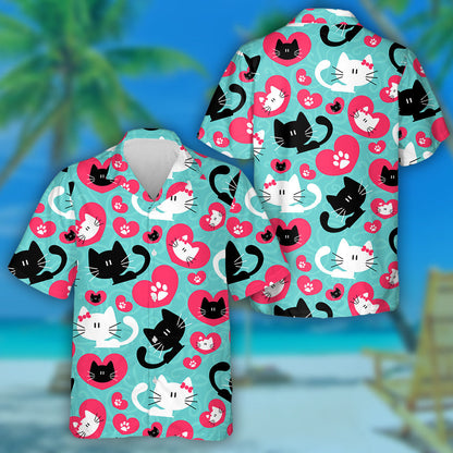 Romantic Cute Couple Of Cats And Heart Hawaiian Shirt, Hawaiian Shirt Gift, Christmas Gift