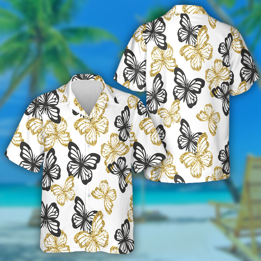 Spring Theme Golden Glitter And Black Butterflies Hawaiian Shirt, Hawaiian Shirt Gift, Christmas Gift