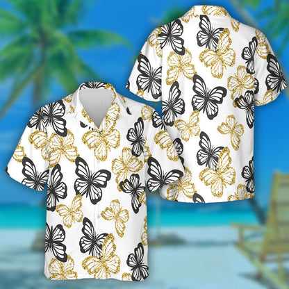 Spring Theme Golden Glitter And Black Butterflies Hawaiian Shirt, Hawaiian Shirt Gift, Christmas Gift