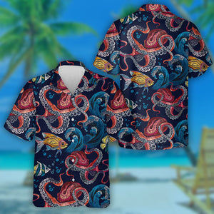 Embroidery Octopus Sea Waves Tropical Fishes Watercolor Design Hawaiian Shirt, Hawaiian Shirt Gift, Christmas Gift