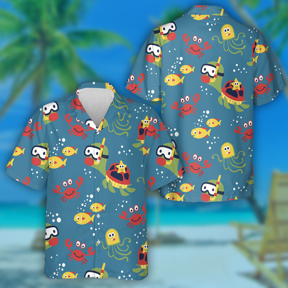 Marine Life Cartoon Turtle And Crab Hawaiian Shirt,Hawaiian Shirt Gift, Christmas Gift