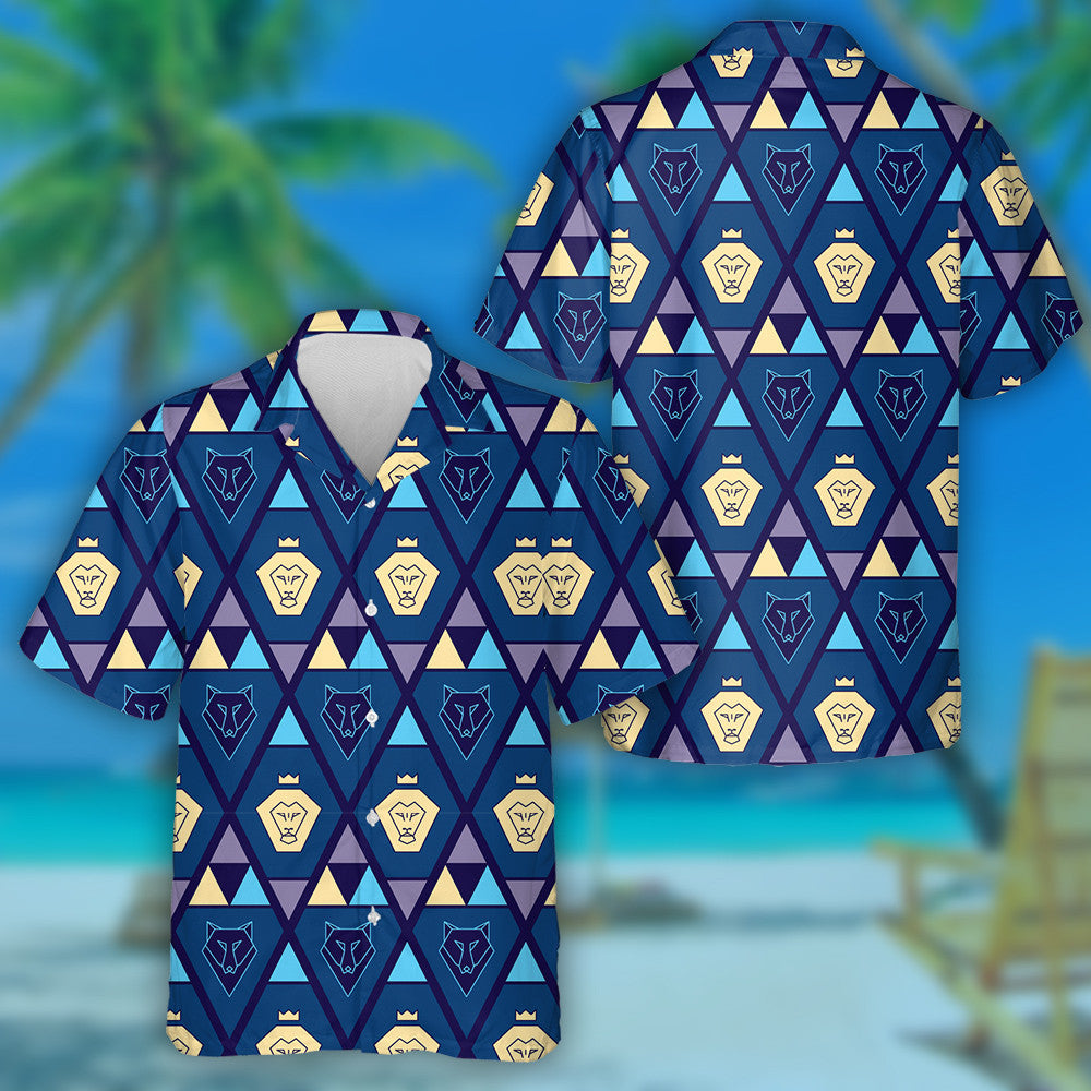 Geometric With Lion And Wolf In Tribal Style Hawaiian Shirt, Hawaiian Shirt Gift, Christmas Gift