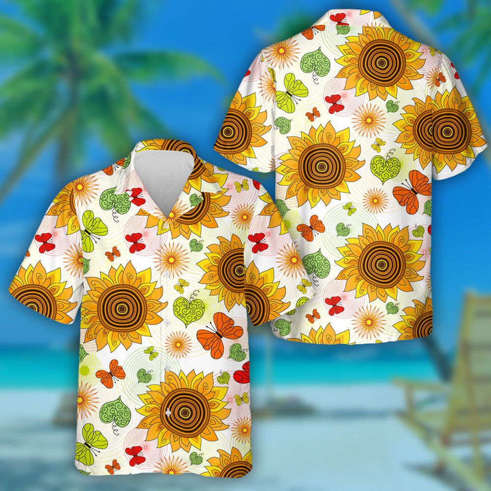 Floral Summer Pattern With Sunflowers And Butterflies Hawaiian Shirt,Hawaiian Shirt Gift, Christmas Gift