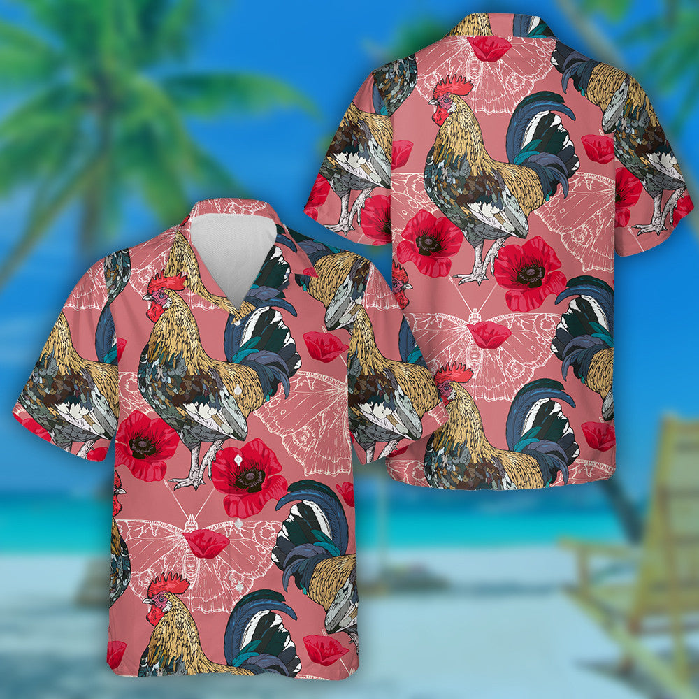 Red Poppies Butterflies Silhouettes And Chicken Hawaiian Shirt,Hawaiian Shirt Gift, Christmas Gift