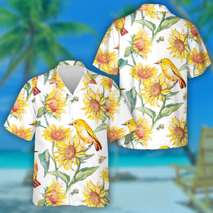 Wonderful Watercolor Art Of White-Eye Bird And Sunflower Hawaiian Shirt, Hawaiian Shirt Gift, Christmas Gift