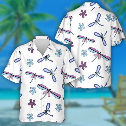 Bright Flying Dragonfly And Flowers On White Hawaiian Shirt, Hawaiian Shirt Gift, Christmas Gift