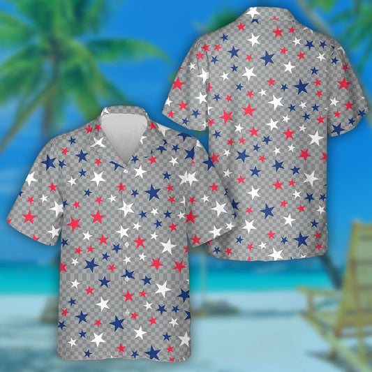USA Stars On Gray Checkered Background Hawaiian Shirt, Hwaiian For Gift