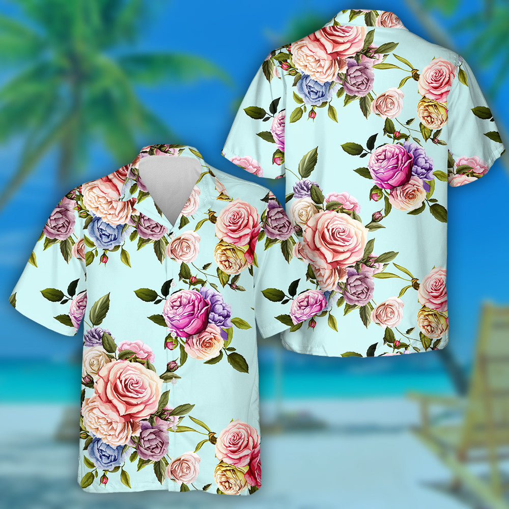 Colorful Rose Peony Branches Beautiful Flowers Themed Design Hawaiian Shirt, Hawaiian Shirt Gift, Christmas Gift