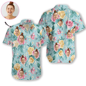 Watercolor Pink And Yellow Roses Custom Photo Hawaiian Shirt, Hwaiian For Gift