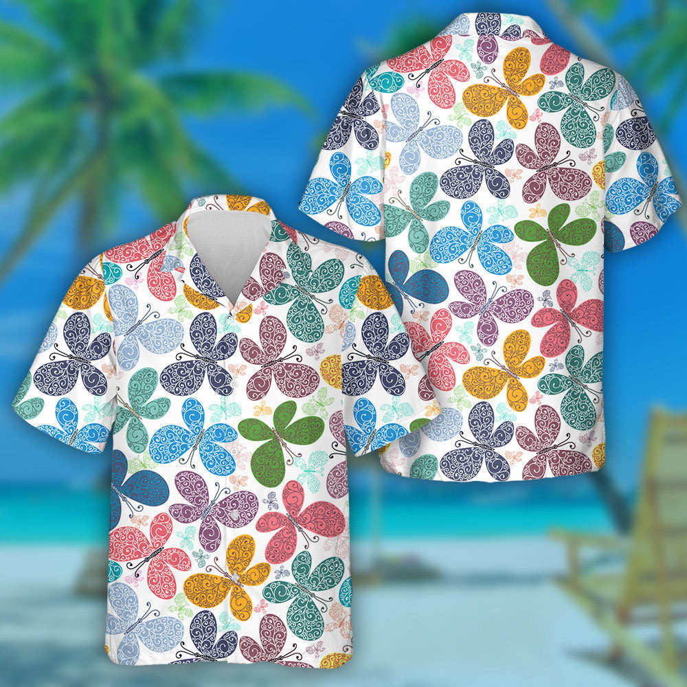 Spring Theme Silhouettes Colorful Butterflies On White Hawaiian Shirt, Hawaiian Shirt Gift, Christmas Gift
