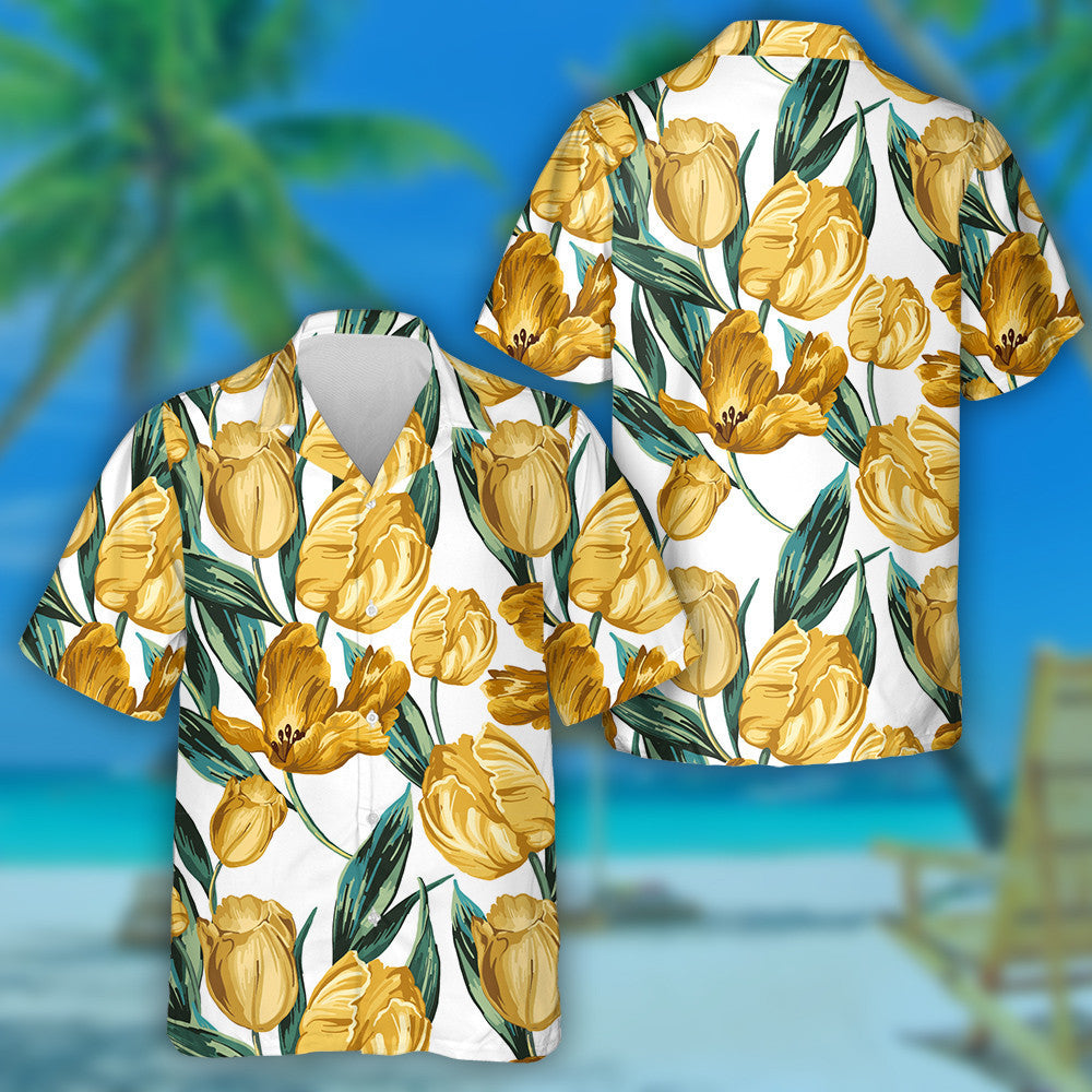 Tiúilipí Buí Uiscedhath Agus Duilleoga Glasa Dearadh Téamach Léine Haváí, Bronntanas Léine Haváís, Bronntanas Nollag