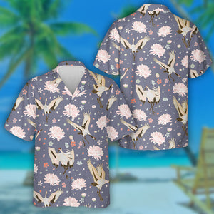 Flying Bird Storks And Beautiful Chrysanthemum Hawaiian Shirt,Hawaiian Shirt Gift, Christmas Gift