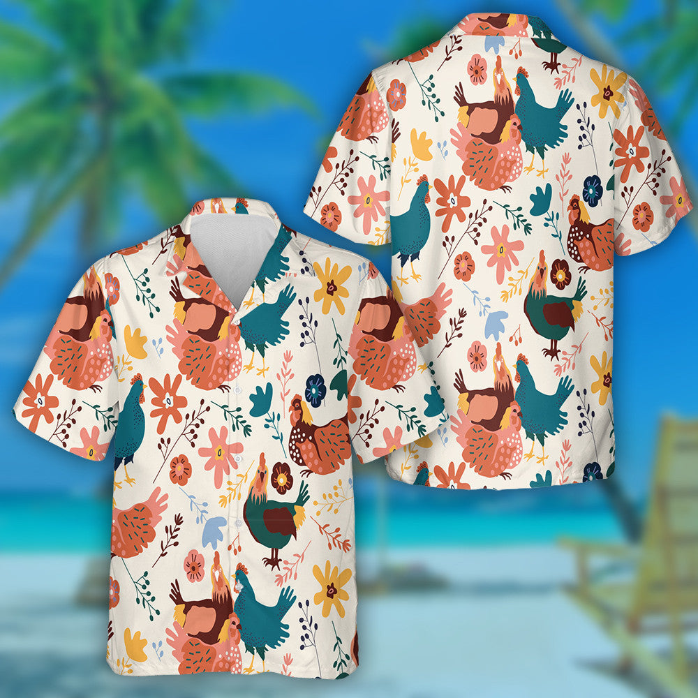 Chicken Hen And Colorful Tropical Flowers Hawaiian Shirt, Hawaiian For Gift