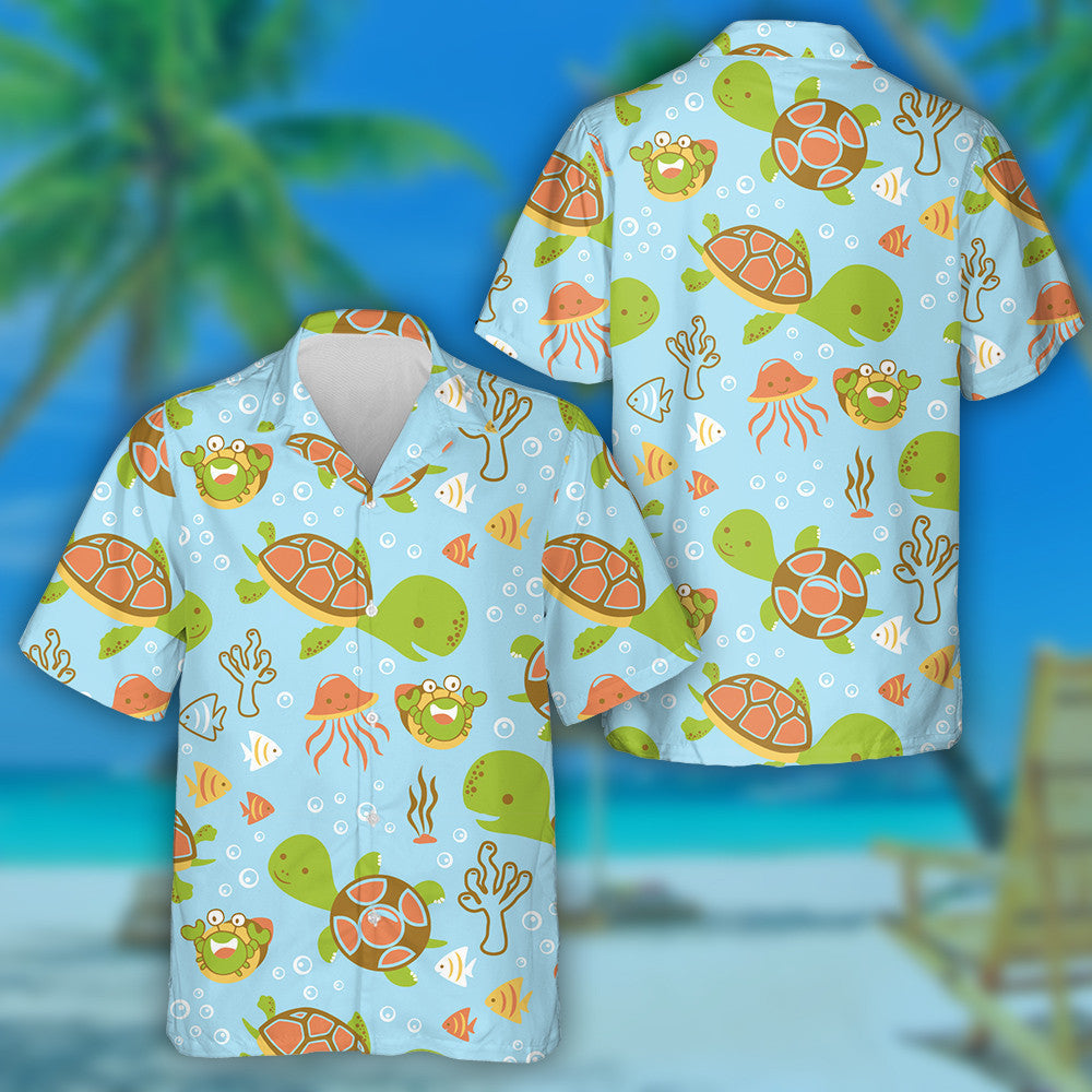 Sea Turtles And Marine Life Cartoon Hawaiian Shirt,Hawaiian Shirt Gift, Christmas Gift