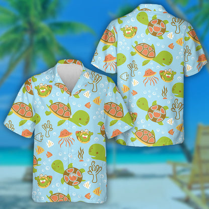 Sea Turtles And Marine Life Cartoon Hawaiian Shirt,Hawaiian Shirt Gift, Christmas Gift