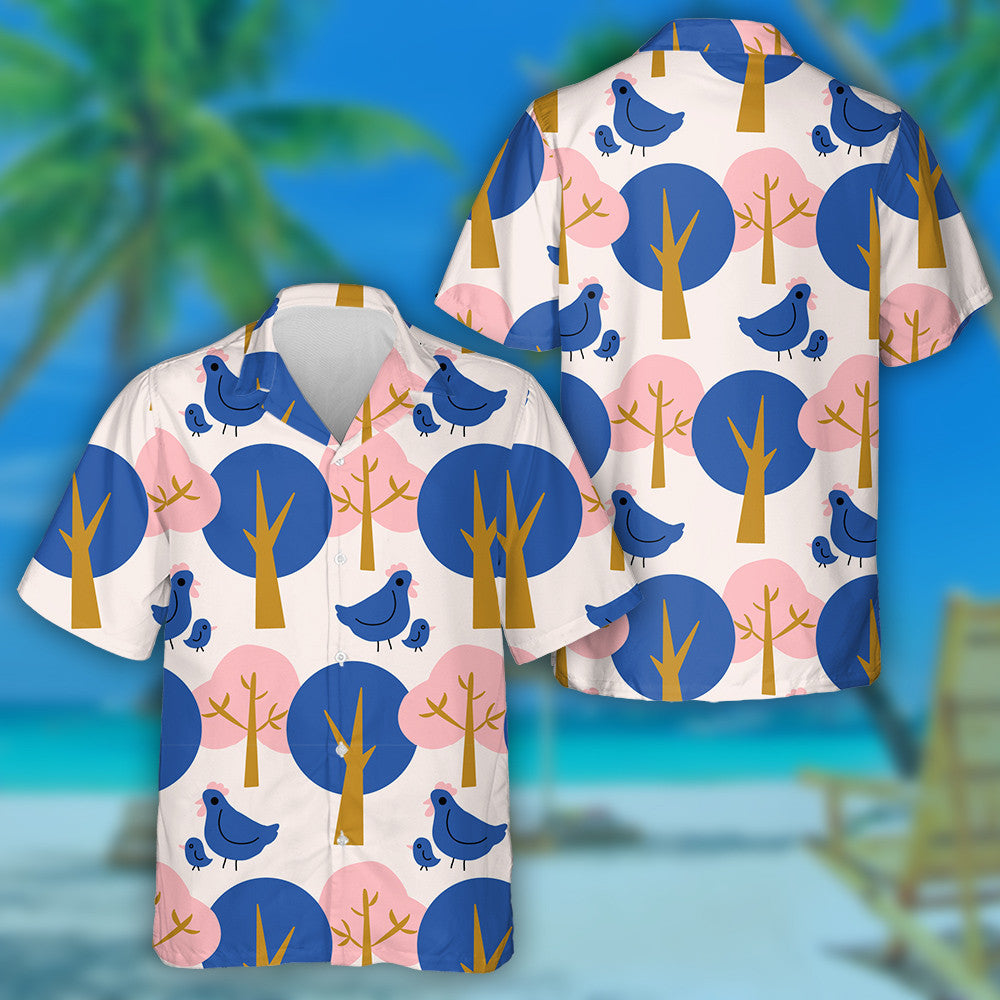 Cute Chicken And hen With Colorful Trees Hawaiian Shirt, Hawaiian Shirt Gift, Christmas Gift