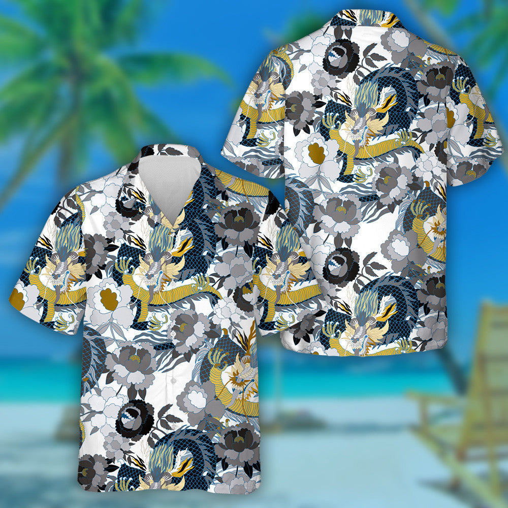 Hand Drawn Fantasy Chinese Dragon And Flowers Hawaiian Shirt, Hawaiian Shirt Gift, Christmas Gift