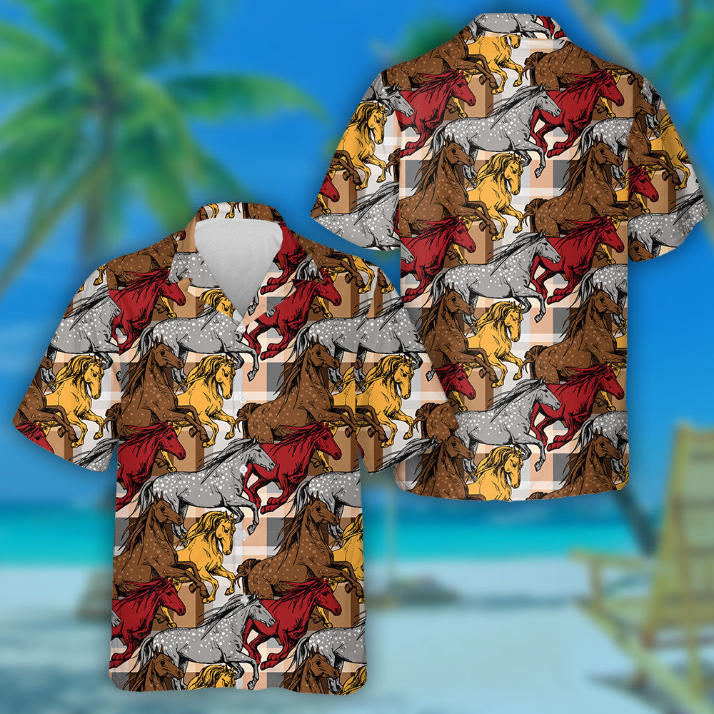 The Running Beautiful Red Gray And Yellow Horses Hawaiian Shirt, Hawaiian Shirt Gift, Christmas Gift