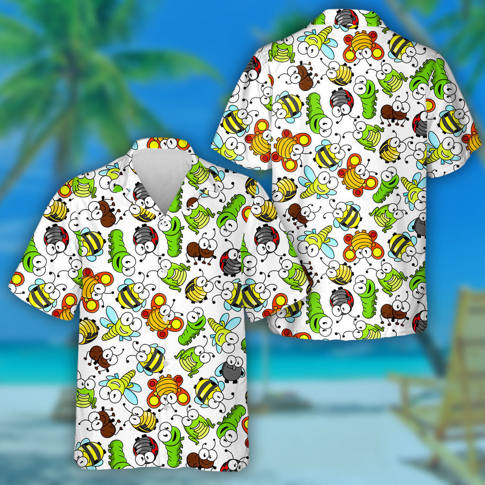 Hand Drawn Cartoon Butterflies And Green Caterpillars Hawaiian Shirt, Hawaiian Shirt Gift, Christmas Gift