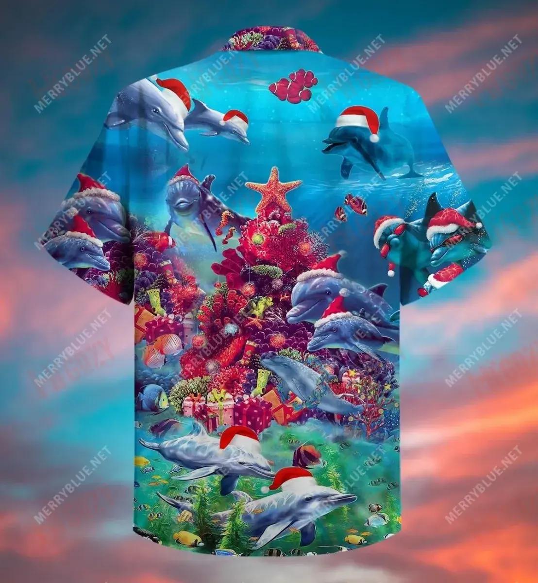 Dolphin Merry Christmas Unisex Short Short Sleeve Shirt Summer Hawaiian T Shirts Vintage Hawaiian Shirts Funny Hawaiian Shirts, Hawaiian Shirt Gift, Christmas Gift