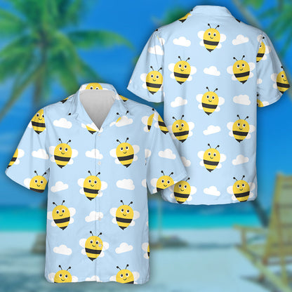 Cartoon Black And Yellow Bees With Clouds Hawaiian Shirt, Hawaiian Shirt Gift, Christmas Gift
