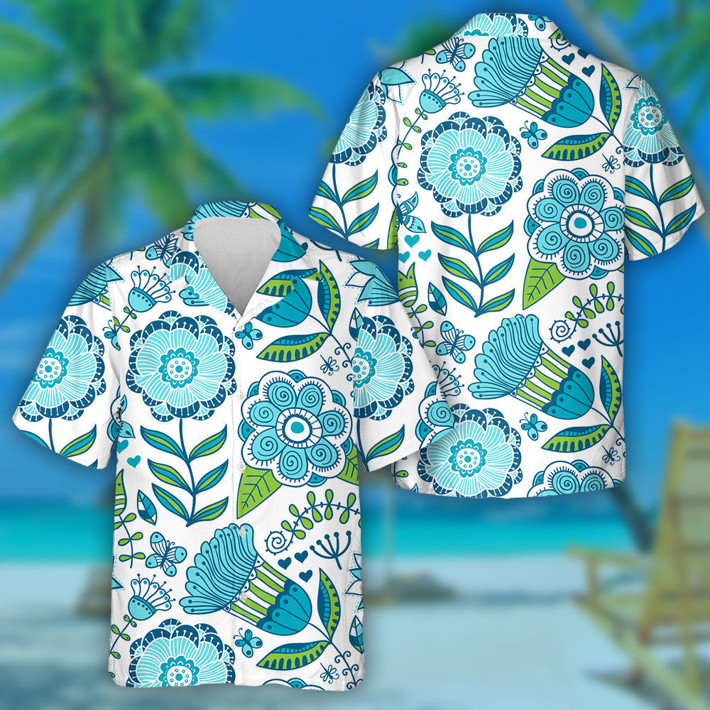 Hand Drawn Tribal Blue Butterfly And Flowers Hawaiian Shirt, Hawaiian Shirt Gift, Christmas Gift