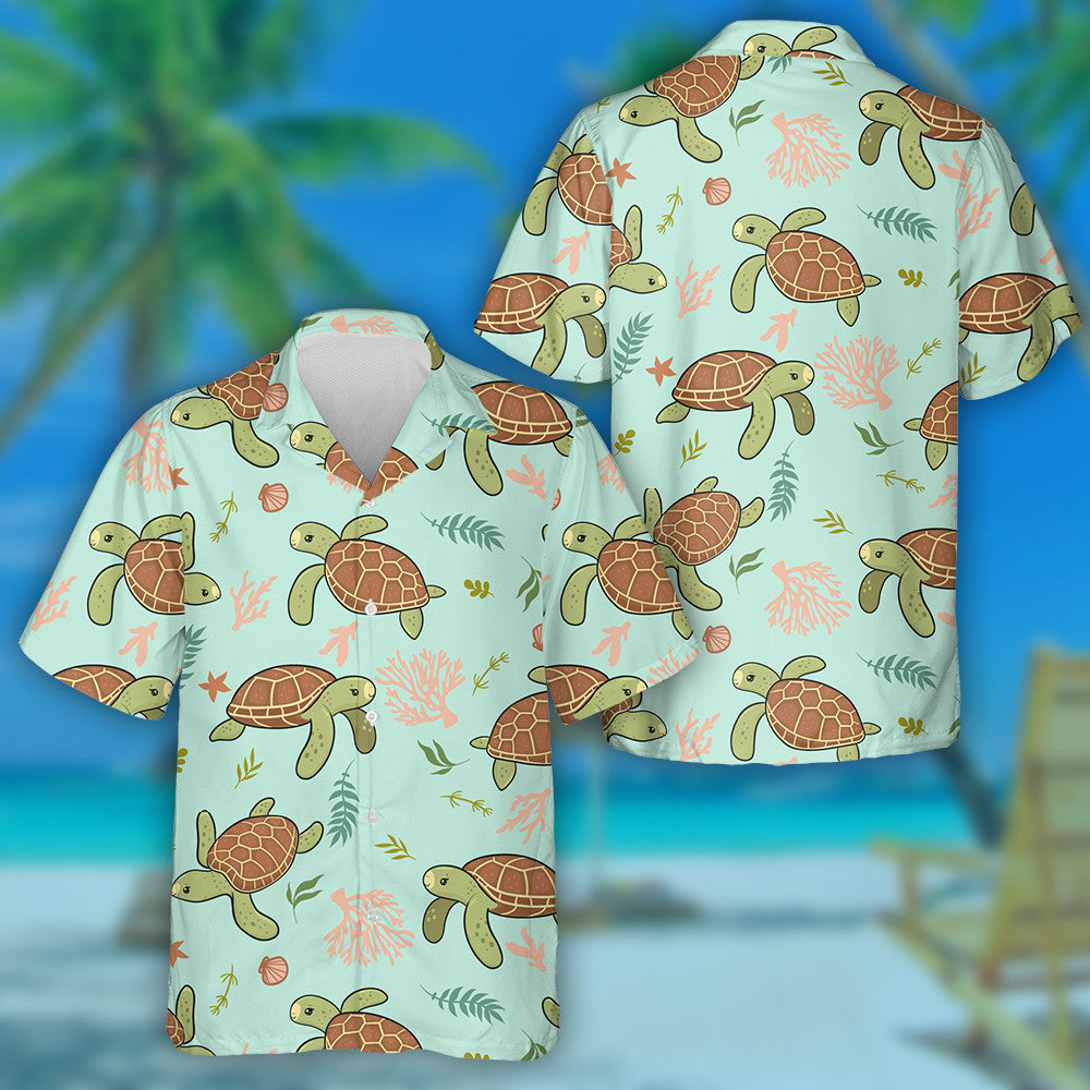 Hand Drawn Cute Sea Turtles And Shells Hawaiian Shirt, Hawaiian Shirt Gift, Christmas Gift
