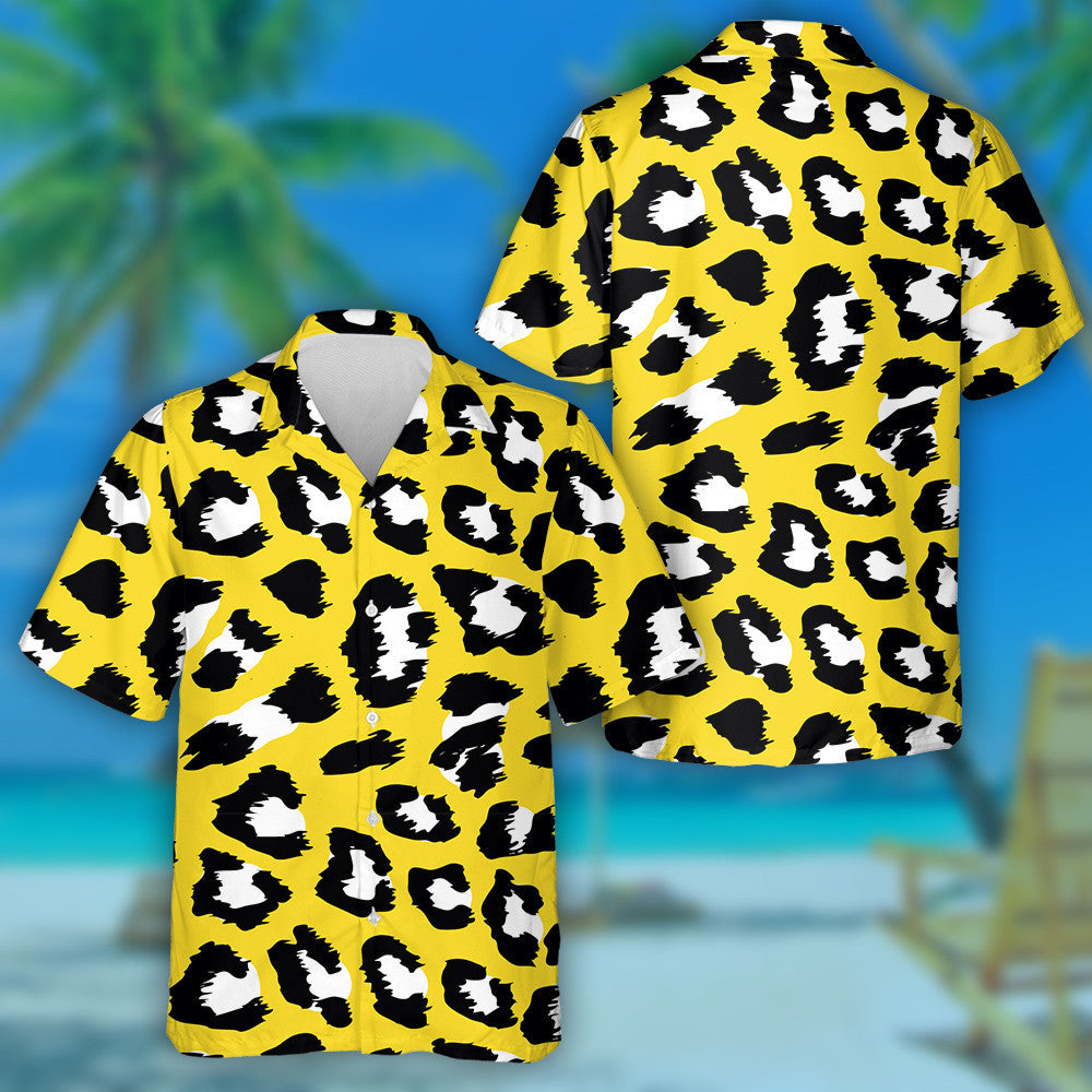 Black White And Yellow Leopard Skin Pattern Hawaiian Shirt, Hawaiian Shirt Gift, Christmas Gift