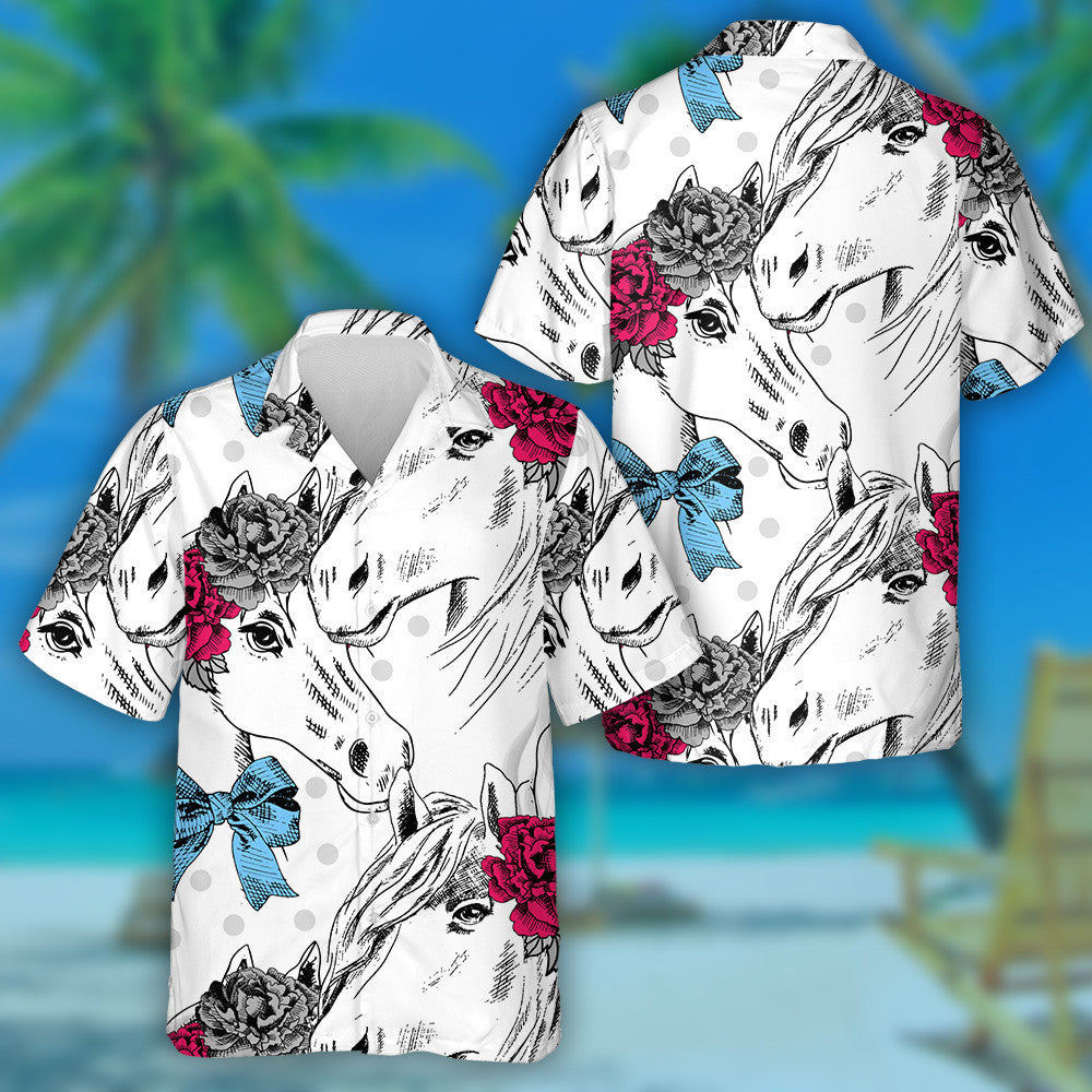 Couple White Horses With Wreath Love Day Hawaiian Shirt, Hawaiian Shirt Gift, Christmas Gift