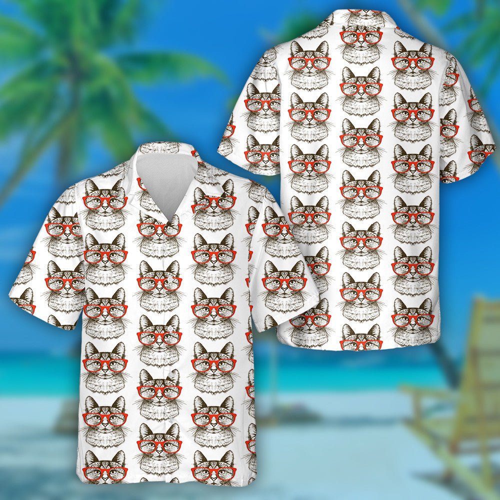 Hipster Cat And Red Glasses Hand Drawn Hawaiian Shirt, Hawaiian Shirt Gift, Christmas Gift