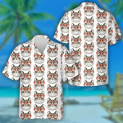 Hipster Cat And Red Glasses Hand Drawn Hawaiian Shirt, Hawaiian Shirt Gift, Christmas Gift