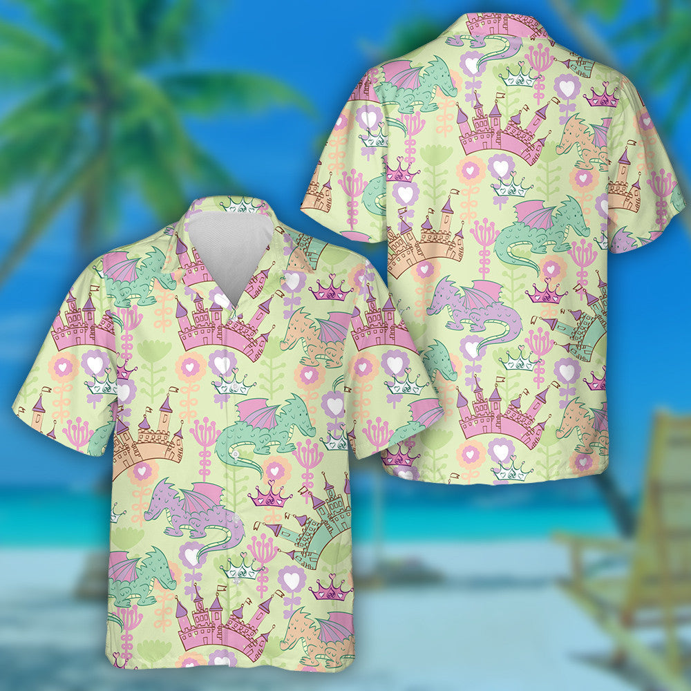 Castle And Cartoon Dragons Pink And Green Hawaiian Shirt, Hawaiian Shirt Gift, Christmas Gift