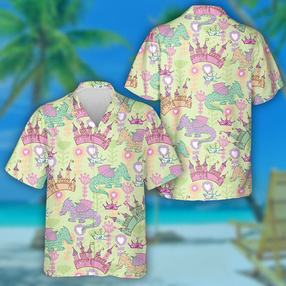 Castle And Cartoon Dragons Pink And Green Hawaiian Shirt, Hawaiian Shirt Gift, Christmas Gift