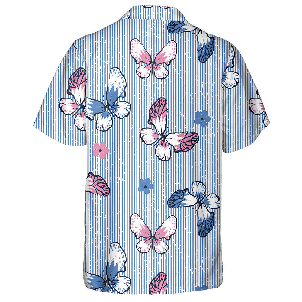 Theme Butterfly And Flowers On Blue Stripes Hawaiian Shirt, Hawaiian Shirt Gift, Christmas Gift