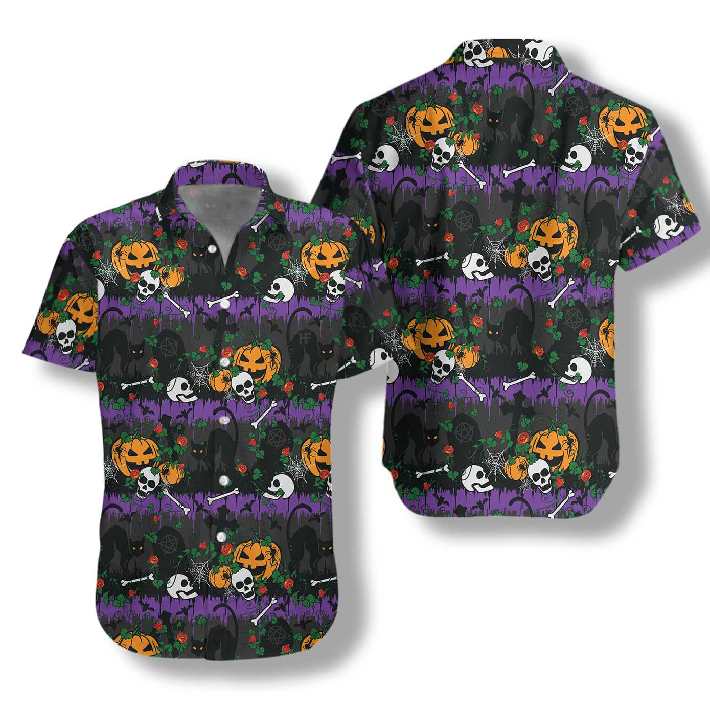 Beautiful Halloween Pumpkin And Black Cats Hawaiian Shirt, Hawaiian For Gift